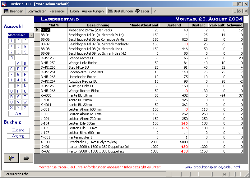 Order-S Screenshots: Lagerliste