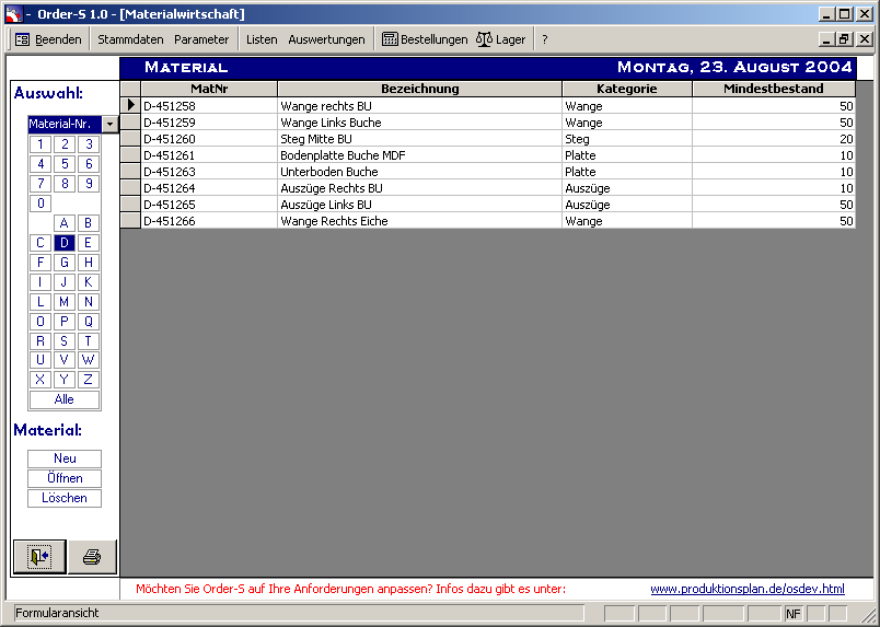 Order-S Screenshots: Materialbersicht