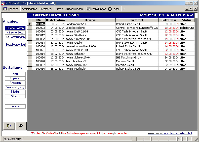 Order-S Screenshots: Offene Bestellungen