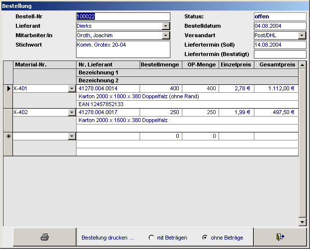 Order-S Screenshots: Bestellung